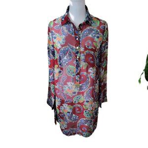 Fashion Union Boho Shirt Dress Sheer Tunic Burgundy Multicolor Women's Size XS